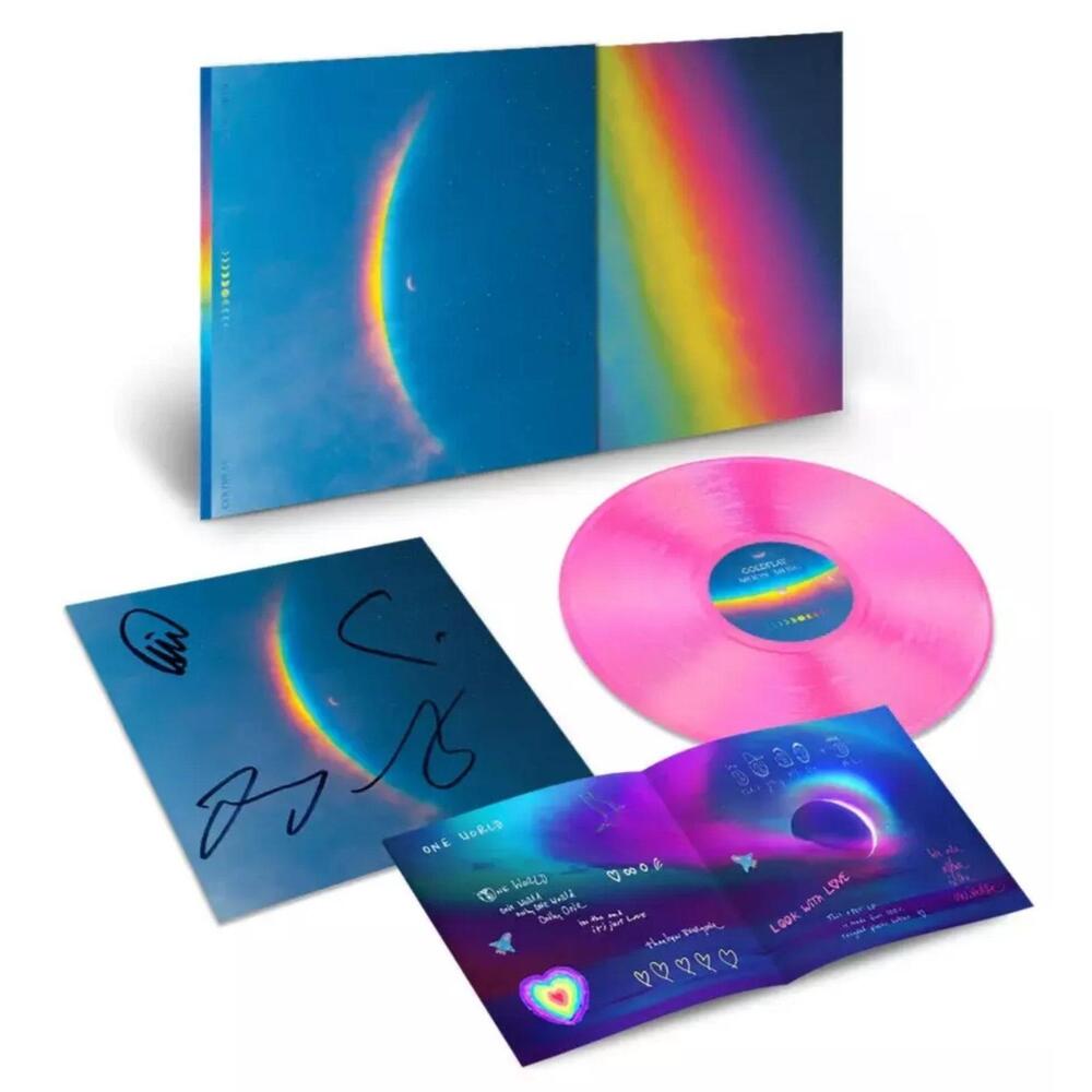 Signed! Coldplay MOON MUSiC EcoRecord Pink Vinyl LP, Autographed Art Card Insert